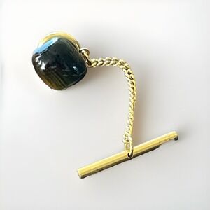 Tigers Eye Square Cut  Polished Stone Gold Tone Vintage Tie Tack Pin with Chain